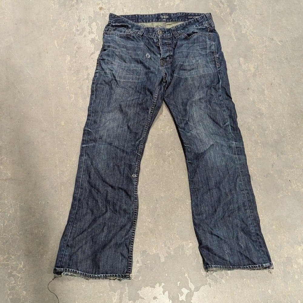 Y2K Vintage Guess Button Fly‎ Bootcut Jeans Men's 34 Dark Wash Distressed Denim